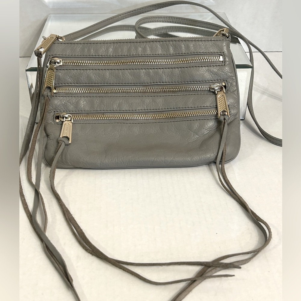 Rebecca Minkoff Gray Leather 3 Zipper Rockler Crossbody Handbag Purse Pockets
